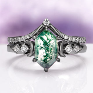 Elara Moss Agate Crescent Moon Couples Ring Set