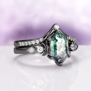 Elara Moss Agate Crescent Moon Couples Ring Set
