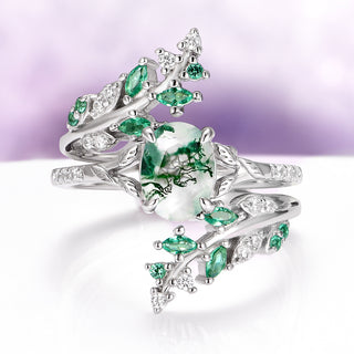 Green Moss Agate & Emerald Fairy Leaf Ring Set in Sterling Silver