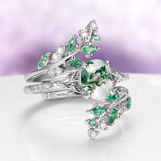 Green Moss Agate & Emerald Fairy Leaf Ring Set in Sterling Silver