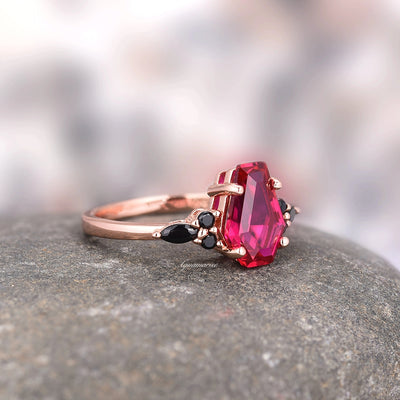 Coffin Ruby & Black Diamond Ring For Women- 14K Rose Gold Vermeil Unique Engagement Ring For Her Dainty Promise ring July Birthstone Jewelry