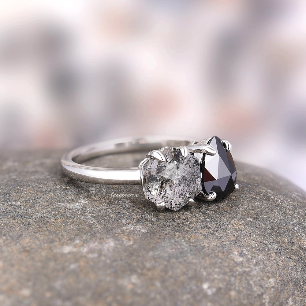 'Toi Et Moi' Salt & Pepper (Herkimer Diamond) & Black Black Onyx Ring- 925 Sterling Silver