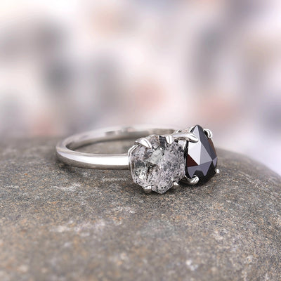 Galaxy Salt & Pepper and Black Diamond Engagement Ring For Women- Toi Et Moi Sterling Silver Natural Herkimer Diamond Promise Ring For Her