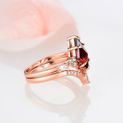 Vintage Red Garnet Engagement Ring For Women- 14K Rose Gold Vermeil Kite Ring Set- Art Deco Unique Women Bridal Promise Ring- Custom Ring