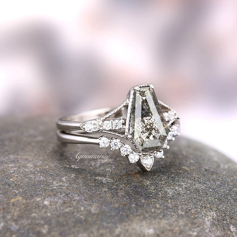 Galaxy Raw Salt and Pepper Diamond Ring- Coffin Cut Natural Herkimer Diamond Engagement Ring-Bridal Ring Set- Promise Ring Sterling Silver