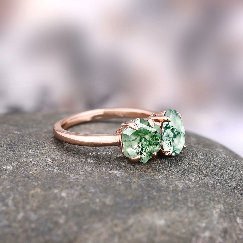 Natural Green Moss Agate Ring For Women- 14K Rose Gold Vermeil Toi Et Moi Agate Engagement Ring Unique Promise Ring Anniversary Gift For Her