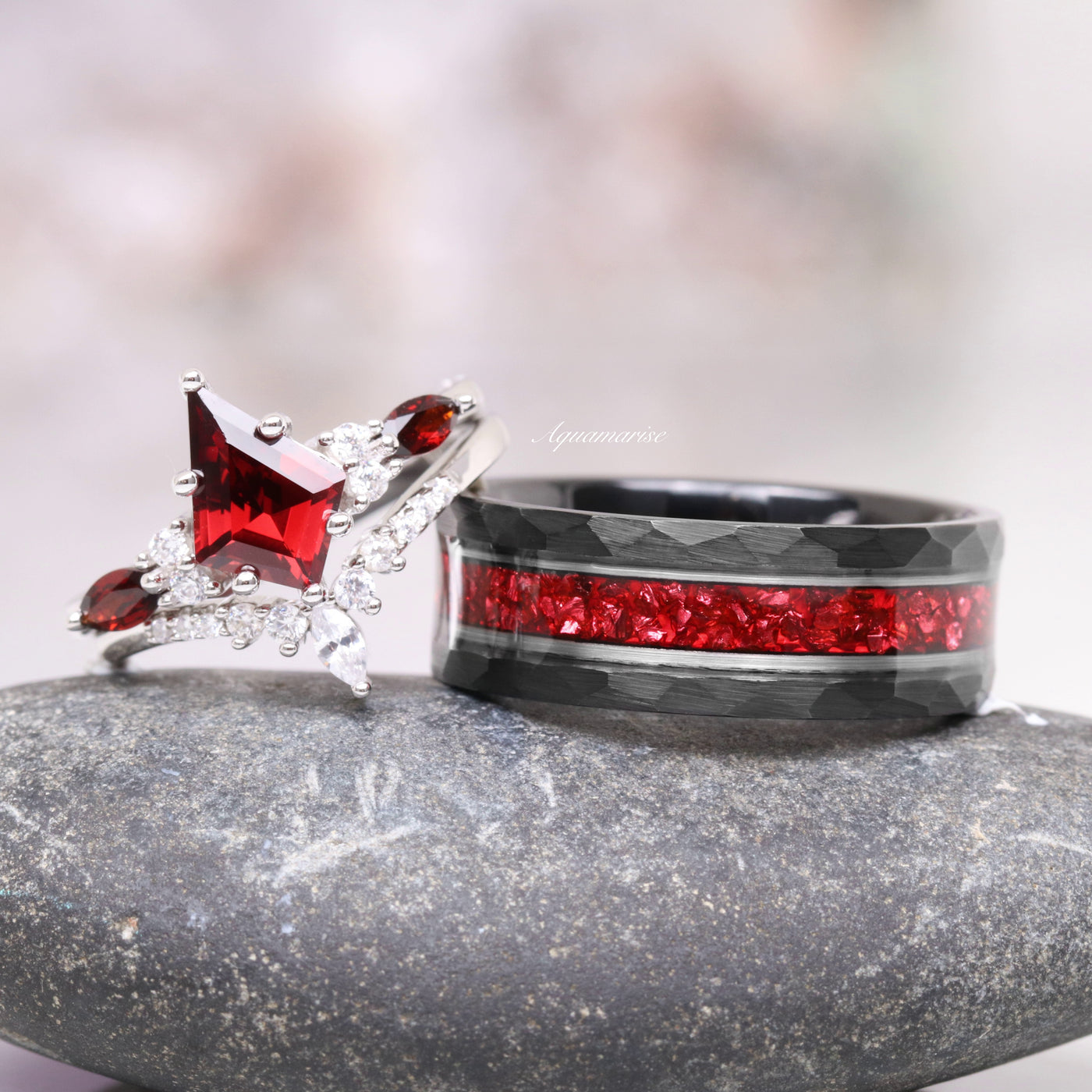 Skye Natural Red Garnet Couples Ring Set- His and Hers Two-Tone Matching Wedding Band
