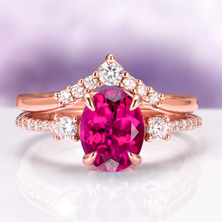 Bella Oval Cut Ruby Engagement Ring Set in 14K Solid Rose Gold