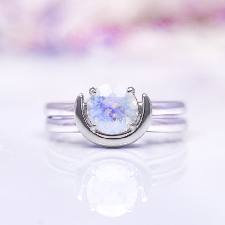 Crescent Moon Moonstone Engagement Ring Set- 14K White Gold