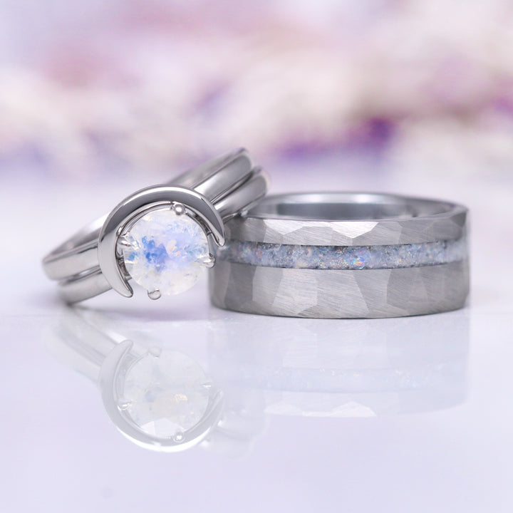 Crescent Moon Moonstone Engagement Ring Set- 14K White Gold