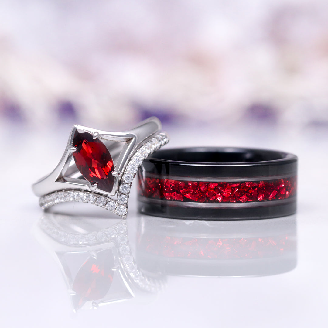 Natural Red Garnet Marquise Ring Set- Sterling Silver