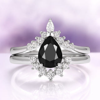 Lunette Black Onyx Engagement Ring Set in 14K White Gold