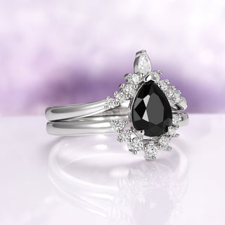 Lunette Black Onyx Engagement Ring Set in 14K White Gold