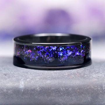 Orion Nebula™ & Trees Wedding Band- 8MM Black Tungsten ring by Aquamarise, featuring a striking inlay of shimmering blue and purple crushed stones, part of the Orion Nebula Rings® and Men’s Wedding Bands collections.