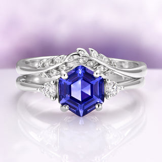 Hexagon Tanzanite Leaf Ring Set in Sterling Silver