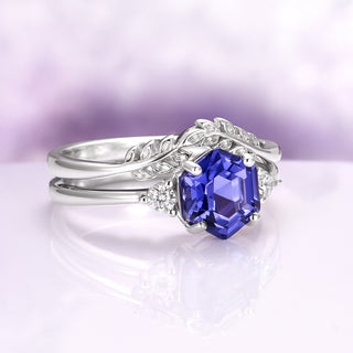 Hexagon Tanzanite Leaf Ring Set in Sterling Silver