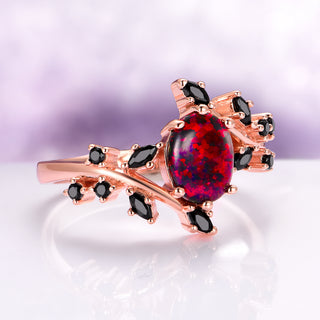 Black Fire Opal & Onyx Leaf Couples Ring Set