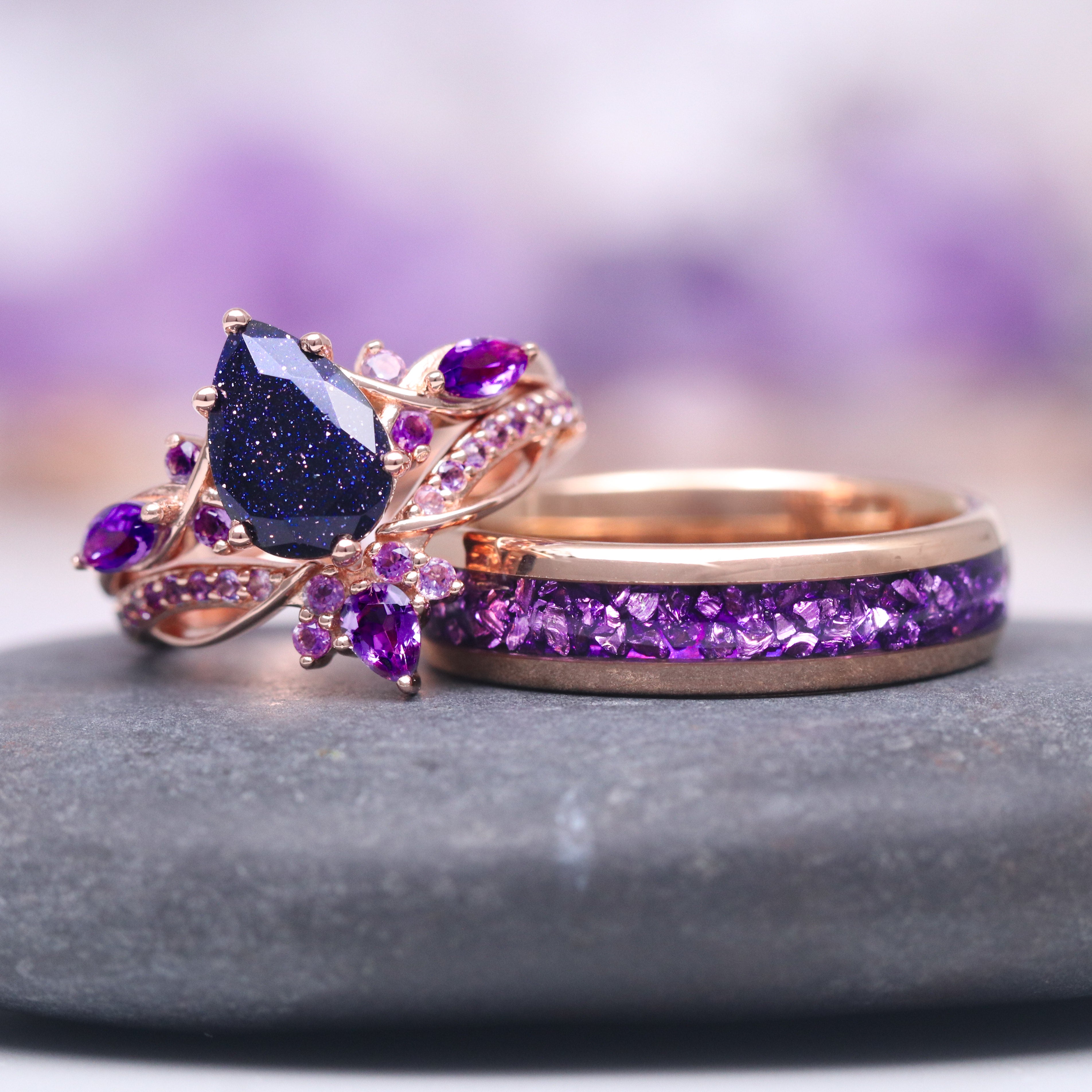 Feyra Starry Night Amethyst Ring Set 14K Solid Rose Gold