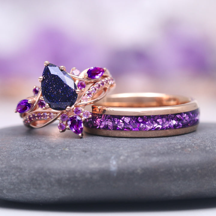 Feyre Starry Night & Amethyst Couples Ring Set