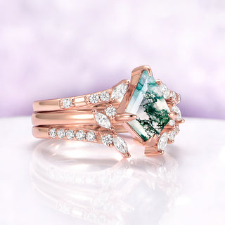 Kite Green Moss Agate Ring Set- 14K Rose Gold Vermeil (3-piece)