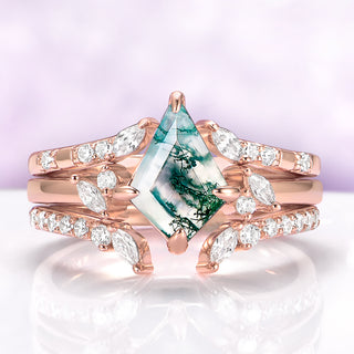 Kite Green Moss Agate 3-Piece Bridal Ring Set- 14K Solid Rose Gold