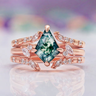 Kite Green Moss Agate Ring Set in 14K Rose Gold Vermeil, three piece, by Aquamarise, with a kite-cut moss agate and two marquise accent bands.