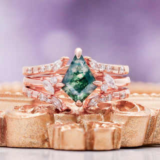 Kite Green Moss Agate Ring Set in 14K Rose Gold Vermeil, three piece, by Aquamarise, displayed on a textured gold surface.