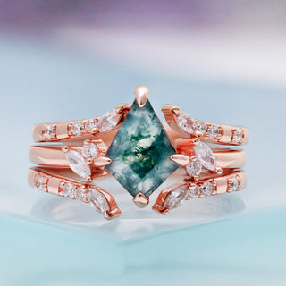 Kite Green Moss Agate Ring Set in 14K Rose Gold Vermeil, three piece, by Aquamarise, styled against pale blue stone.