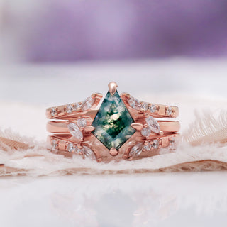 Kite Green Moss Agate Ring Set in 14K Rose Gold Vermeil, three piece, by Aquamarise, styled on soft pink fabric.