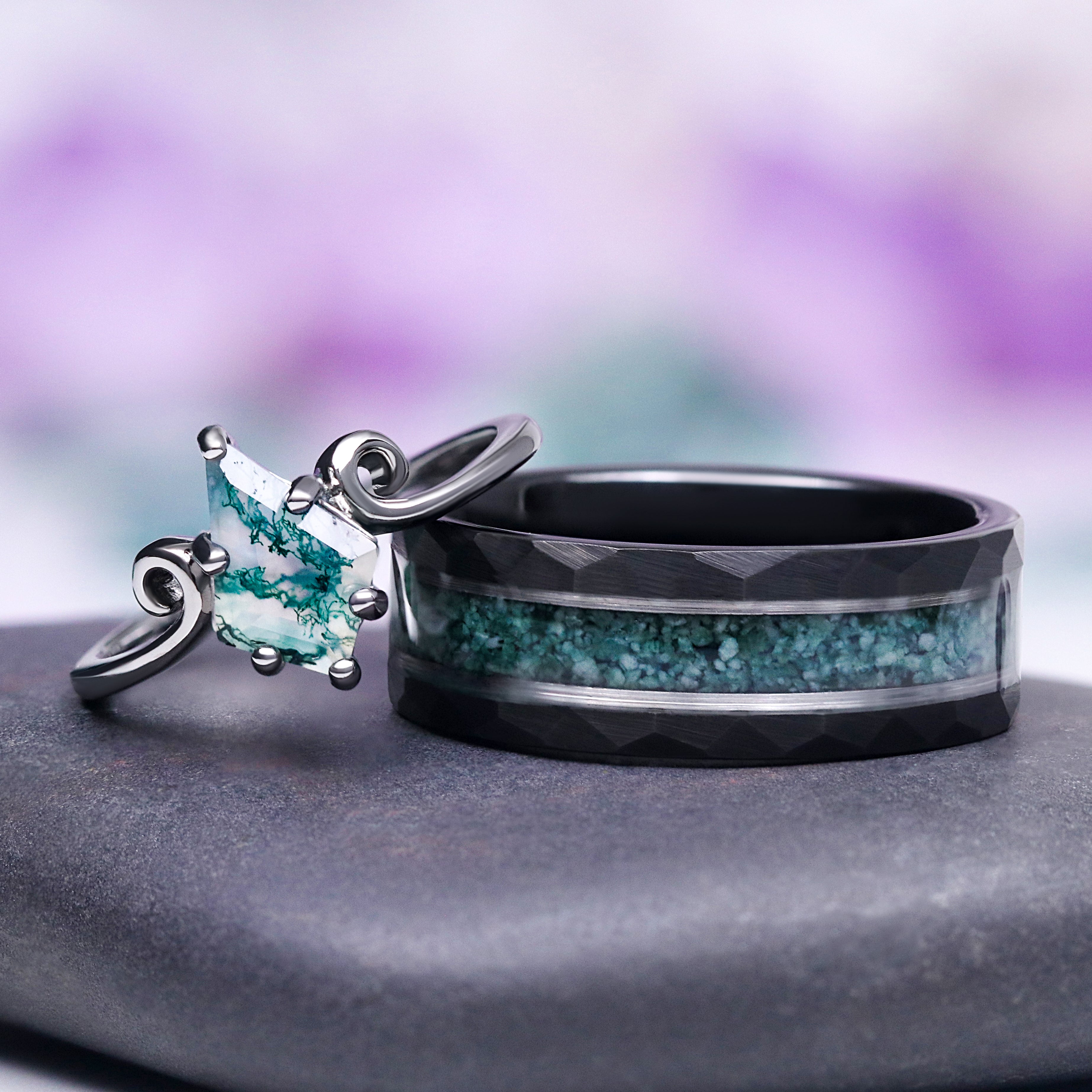 Gemstones 凛 Green Moss Agate Twirl Couples Ring Set, Gothic Wedding Rings