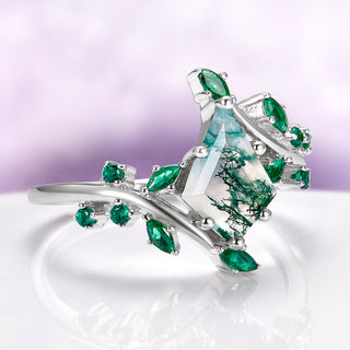 Kite Moss Agate & Emerald Fairy Engagement Ring in Sterling Silver