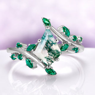 Kite Moss Agate & Emerald Fairy Engagement Ring in Sterling Silver
