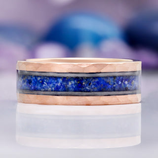 Lapis Lazuli Men's Wedding Band in Rose Gold Tungsten Carbide (8mm) by Aquamarise, two bands stacked to show the hammered and polished finishes.