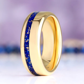 Lapis lazuli inlay men's wedding band in yellow gold tungsten carbide, 8mm
