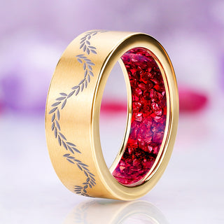 Laurel vine men's wedding band in brushed gold titanium with a natural crushed garnet sleeve lining the interior, 8mm