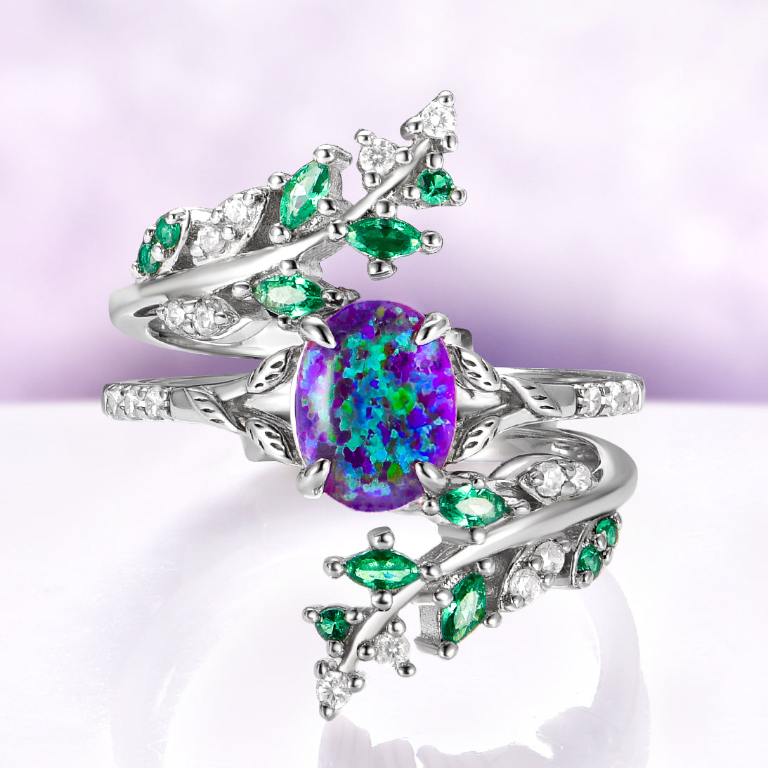 Lavender Fire Opal & Emerald Leaf Couples Ring Set – Aquamarise