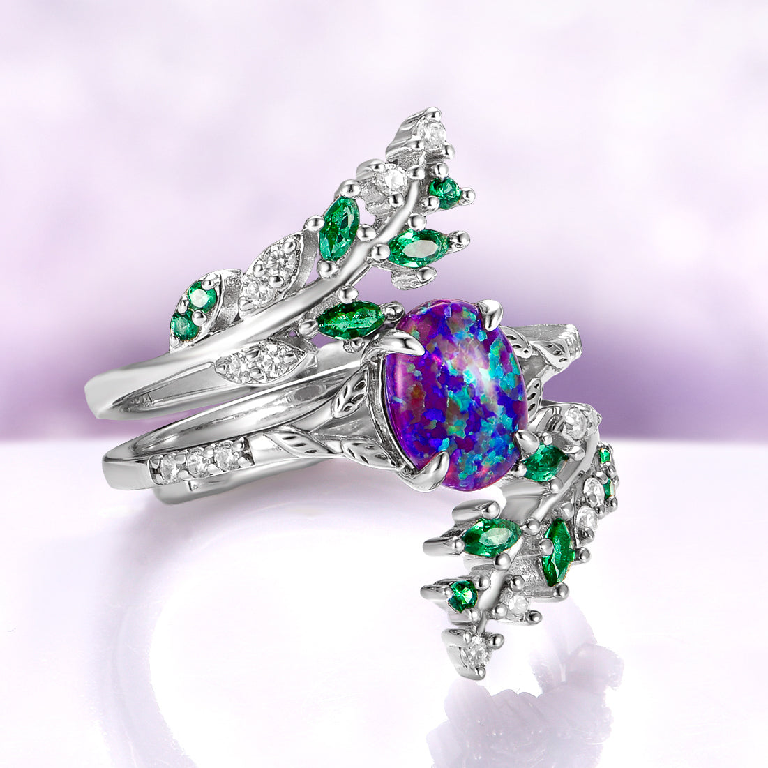 Lavender Fire Opal and Emerald Leaf Couples Ring Set – Aquamarise