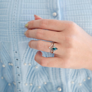 Midnight Blue Moissanite Crescent Moon Engagement Ring Set in 14K White Gold