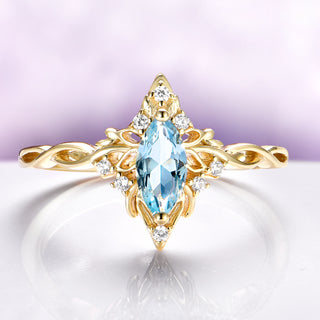 Siren Queen Marquise Aquamarine Lotus Ring in 14K Yellow Gold Vermeil
