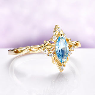 Siren Queen Marquise Aquamarine Lotus Ring in 14K Yellow Gold Vermeil