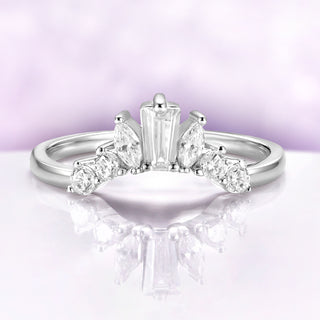 Marquise & Baguette Diamond Curved Wedding Band in 14K White Gold by Aquamarise Gold, featuring a vintage-inspired mixed-cut diamond cluster on a curved solid gold band.