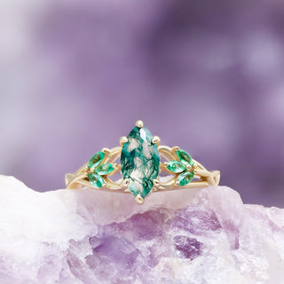 Marquise Celtic Knot Moss Agate Ring in 14K Yellow Gold Vermeil