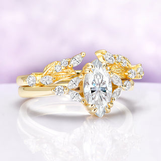 Marquise Moissanite Leaf Engagement Ring Set in Solid 14K Yellow Gold