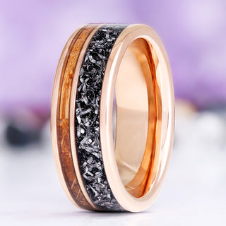 Meteorite and whiskey barrel men's wedding band — oak and meteorite inlay in 8mm rose gold tungsten