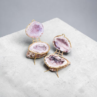 Natural geode ring box with gold hinge by Aquamarise, showing the crystal-lined interior