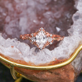Rose Blush Pink geode ring box by Aquamarise displayed with the Esme moss agate engagement ring