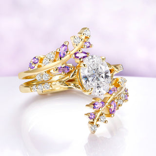 Lab-Grown Diamond & Amethyst Leaf Engagement Ring Set in Solid 14K Yellow Gold (IGI Certified)