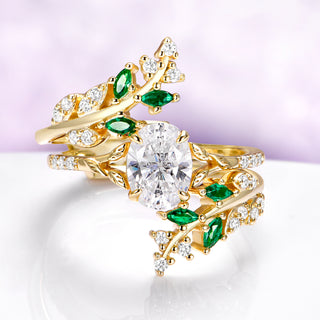 Lab-Grown Diamond & Emerald Leaf Engagement Ring Set in Solid 14K Yellow Gold (IGI Certified)