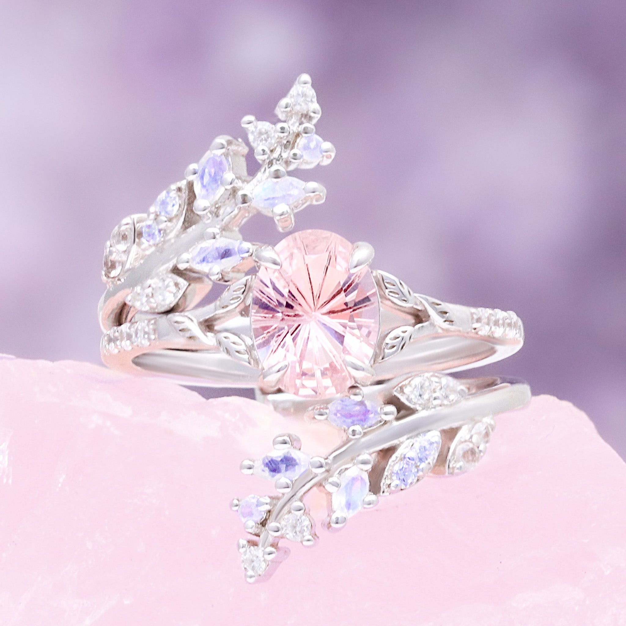 Morganite & Moonstone Ring Set | 14K WG – Aquamarise