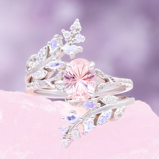 Fireworks Cut Morganite & Moonstone Leaf Couples Ring Set by Aquamarise, featuring a sparkling pink morganite and moonstone with delicate leaf-inspired sterling silver bands.